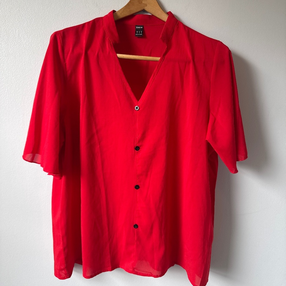 SHEIN  V-neck faux button, sheer blouse with bell sleeves